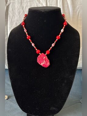 Bold Red Pendant Necklace with Beaded Chain